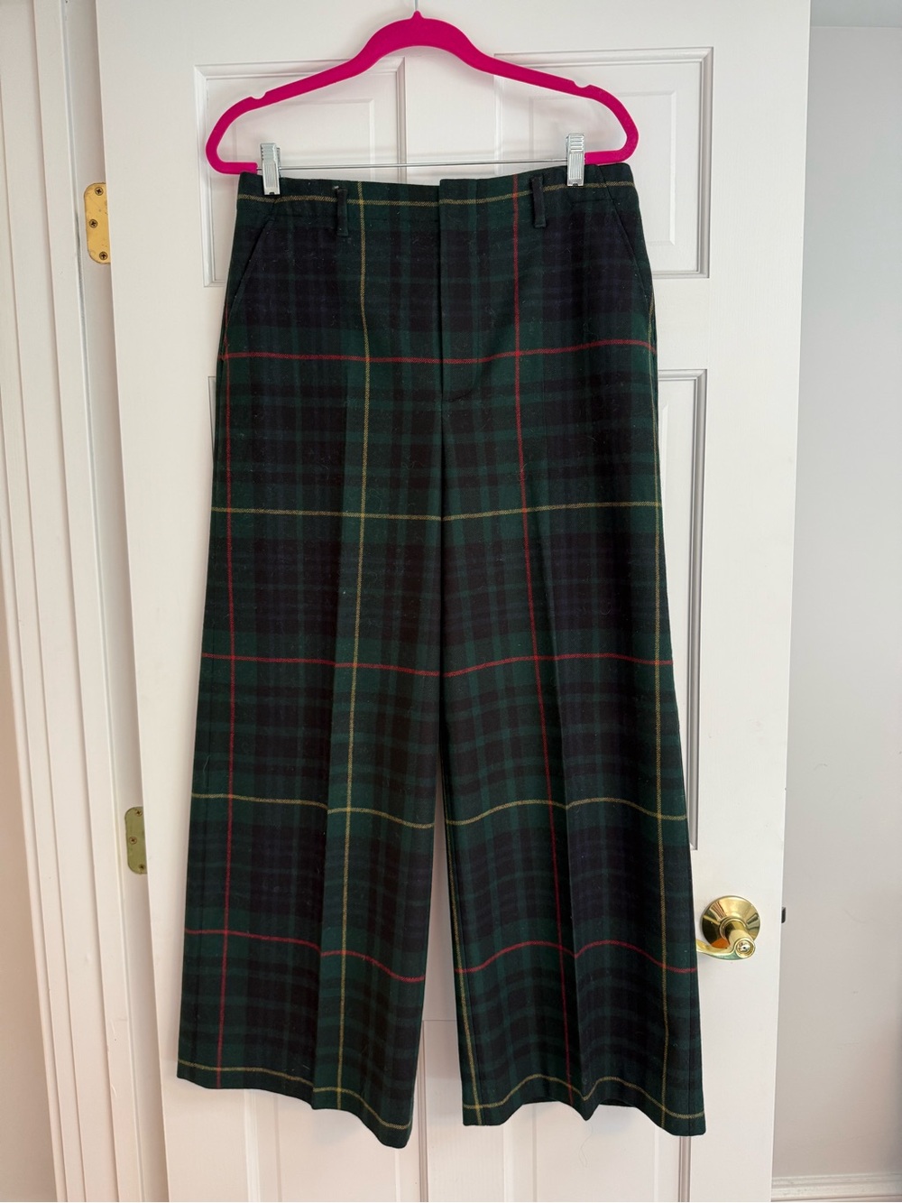 Polo Ralph Lauren Wool Green Plaid Wide-Leg Pants